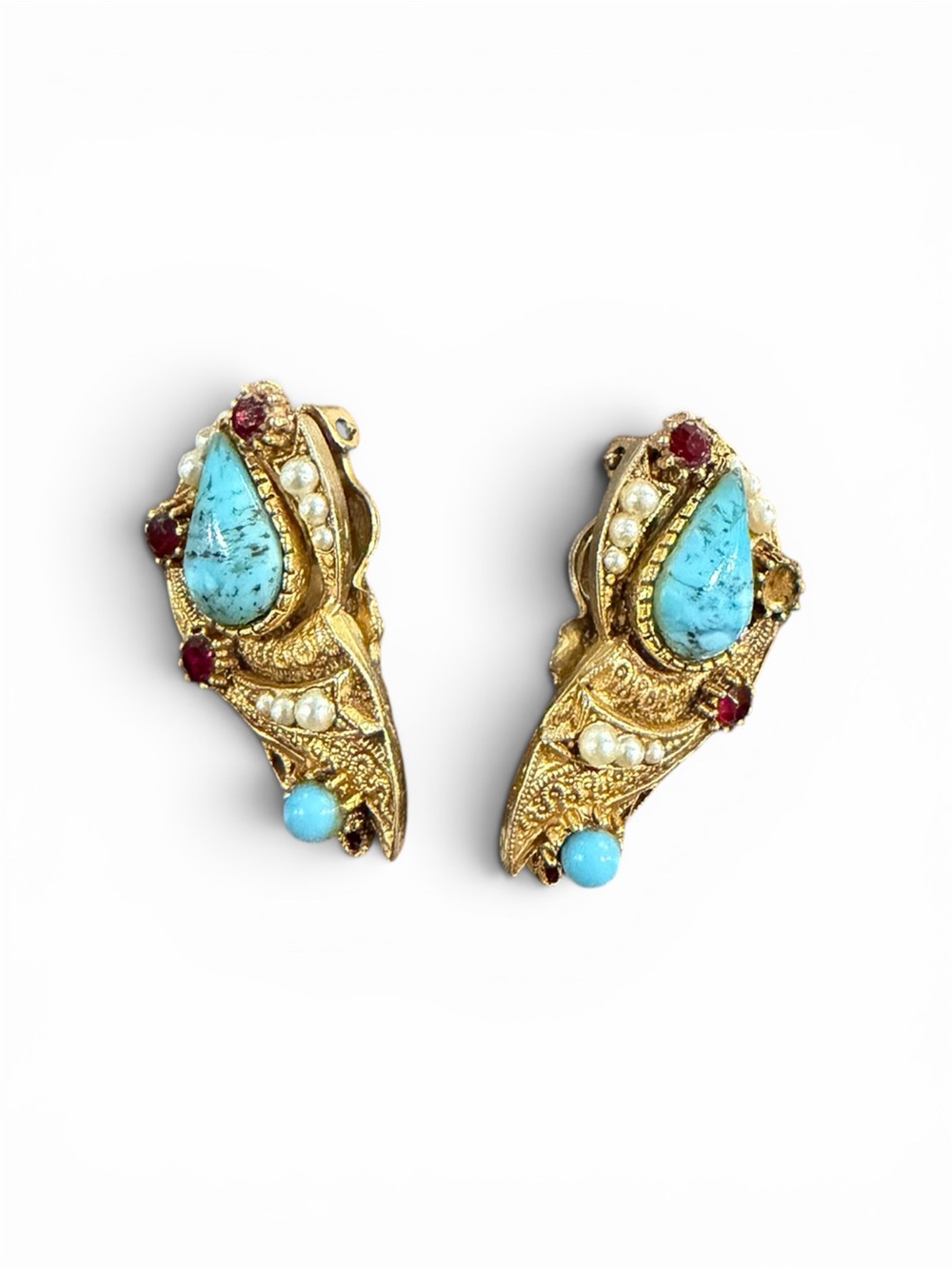 Vintage Florenza Jewelry Faux Turquoise & Rhinestone clip on gold earrings